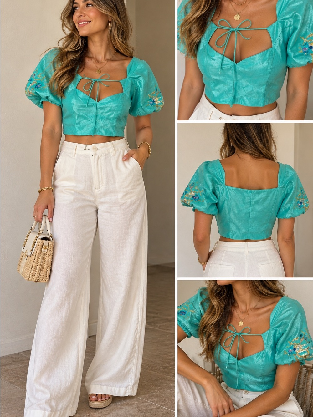 Women’s Teal Puff-Sleeve Tie-Front Crop Top